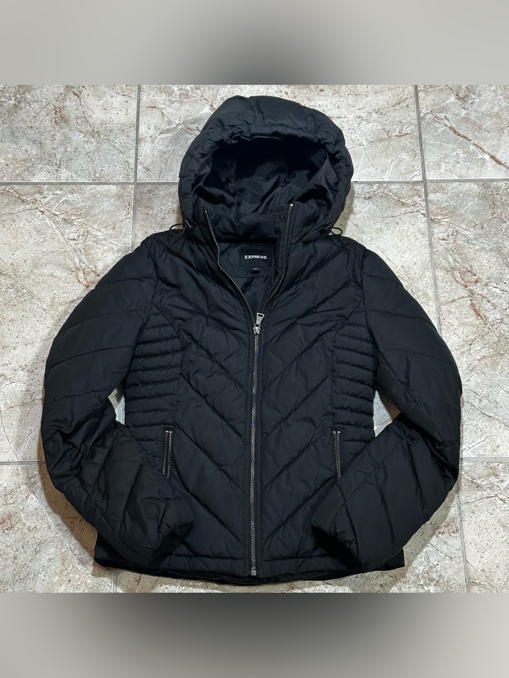 Express Women's Black Hooded Full Zip Puffer Jacket Coat XS Long Sleeve